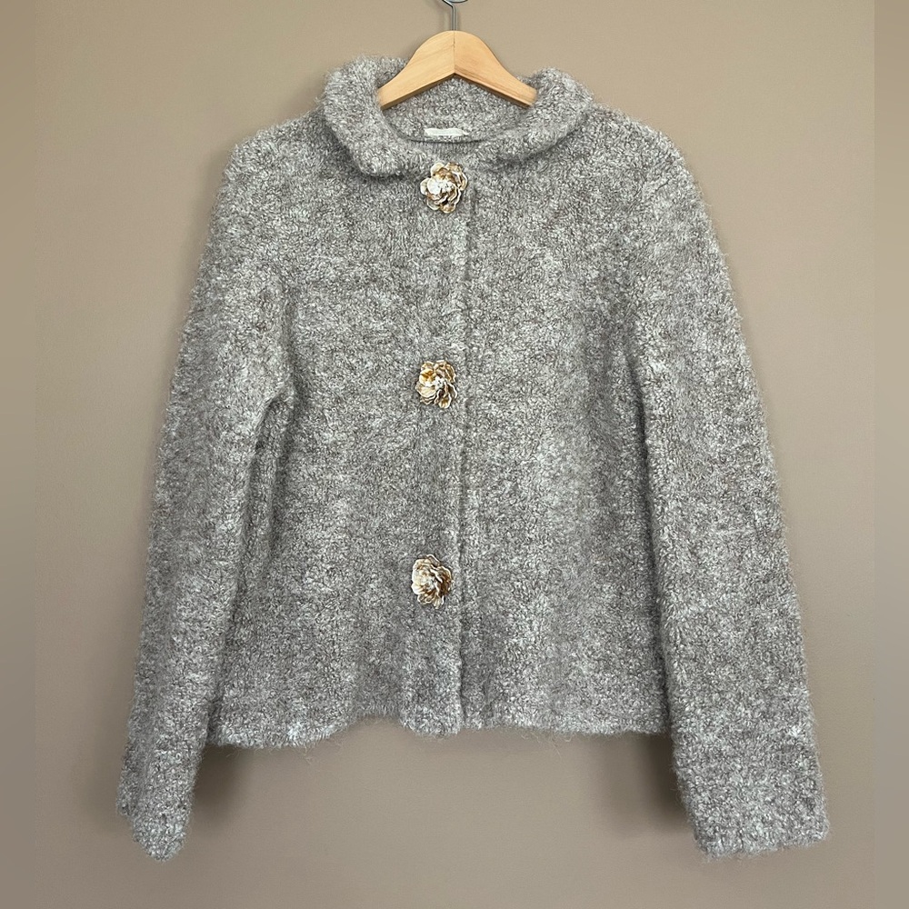 {Sunday Up} Sweater Jacket with Flower Button closure in Taupe - Womens Medium